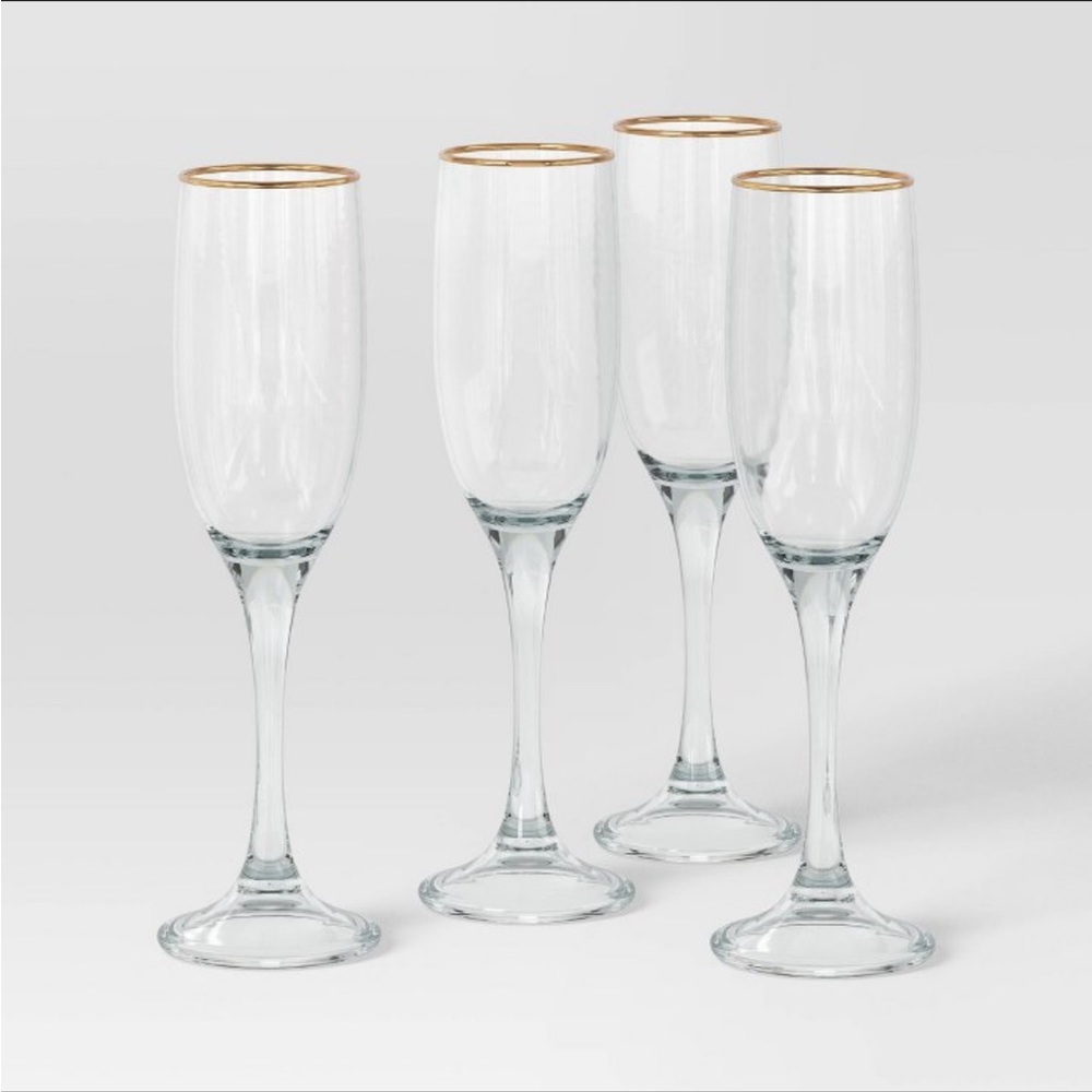 THRESHOLD Champagne Flute Glass Set - Gold Rim Set of 4 - NEW